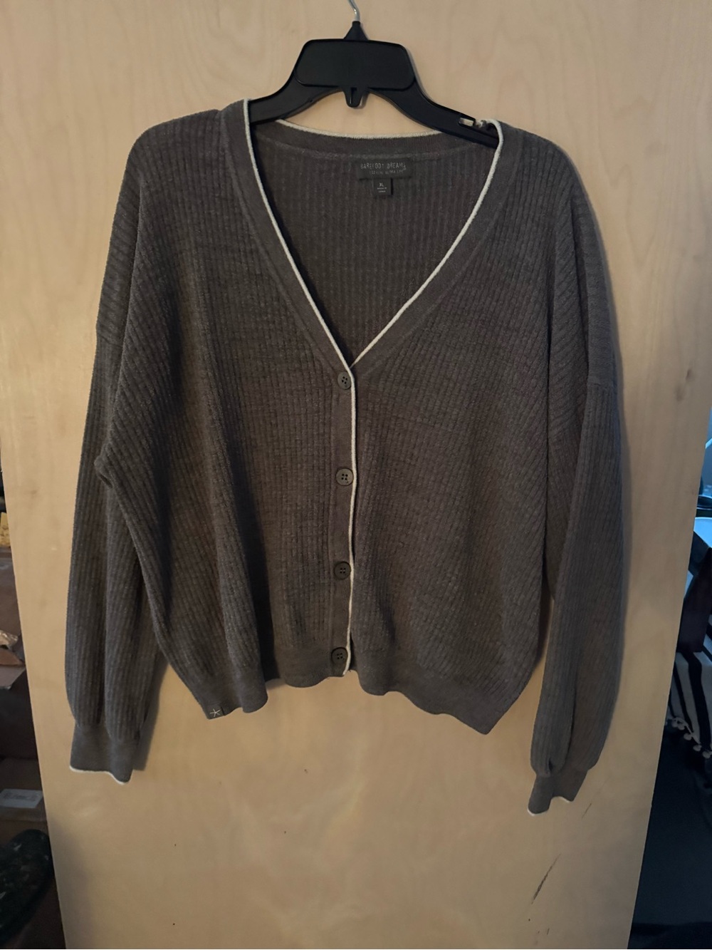 Barefoot Dreams Gray V-Neck Button-Front Cardigan with Cream Trim